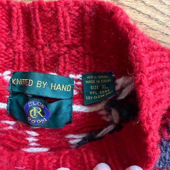 Club Room Knit By Hand Wool Sweater SZ XL Red Gray White Cozy Chunky - Picture 4 of 10